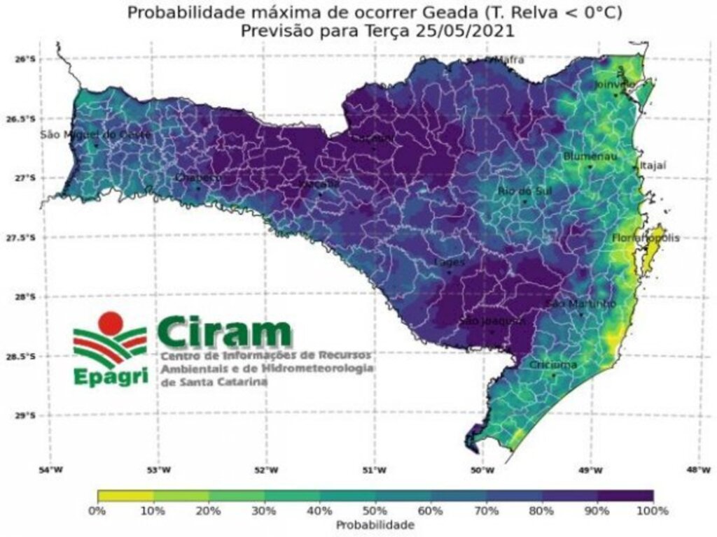 Defesa Civil e Ciram preveem temperaturas negativas e geada nesta terça-feira