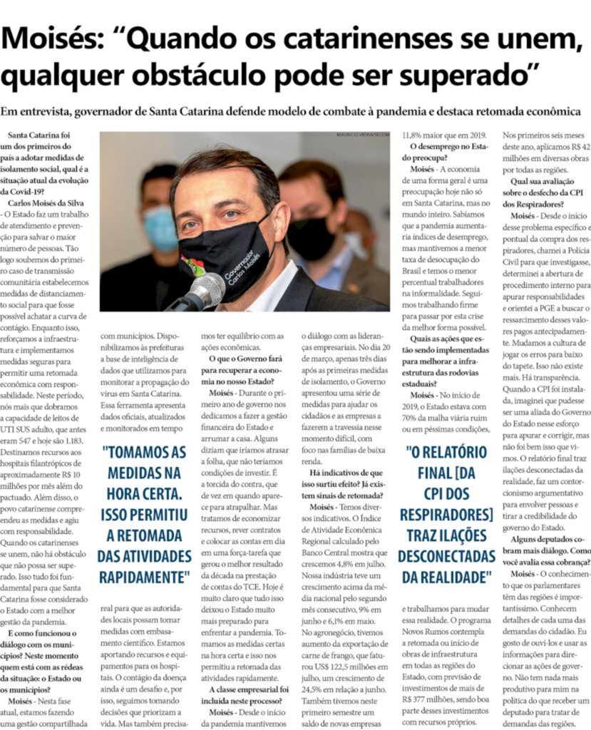  - Em entrevista, governador de Santa Catarina defende modelo de combate à pandemia e destaca retomada econômica