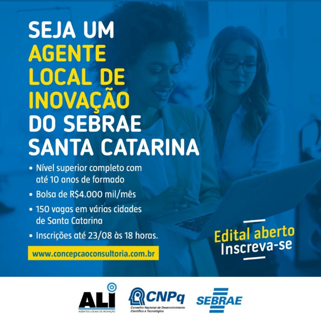 Sebrae/SC seleciona profissionais para projeto de inovação no estado. Na região Meio-Oeste do Sebrae serão selecionados e capacitados 08 agentes para atuarem nos municípios de Joaçaba, Videira, Fraiburgo e Caçador.