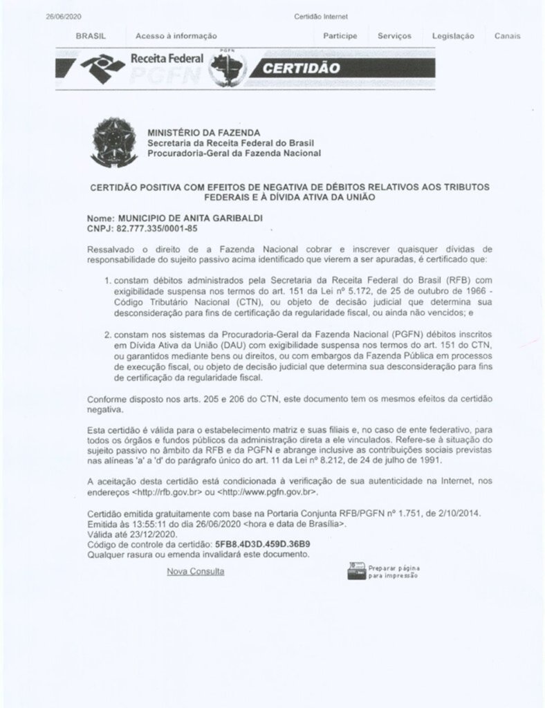 Município de Anita Garibaldi tem negativas regularizadas