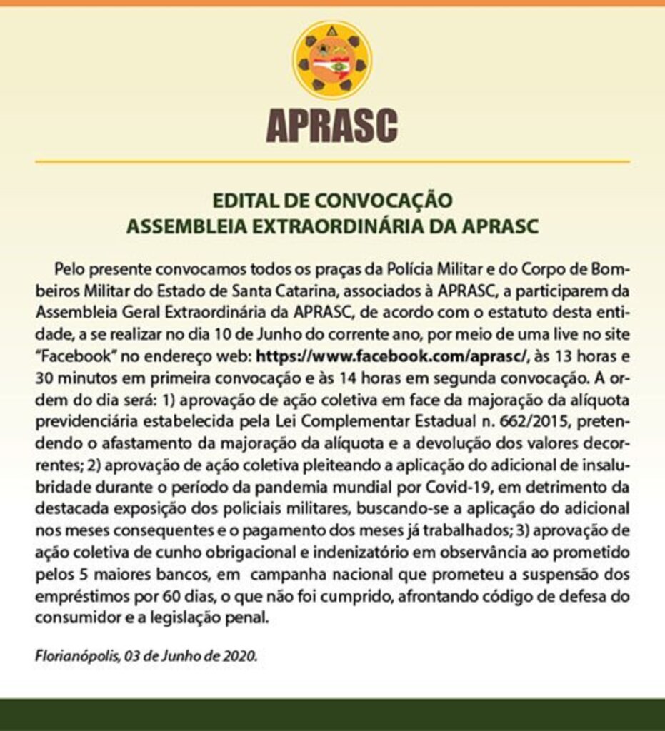 Edital de convocação Assembleia Extraordinária da APRASC