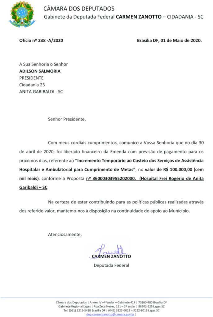 Carmen Zanotto (Cidadania) destina recursos para o Hospital Frei  Rogério