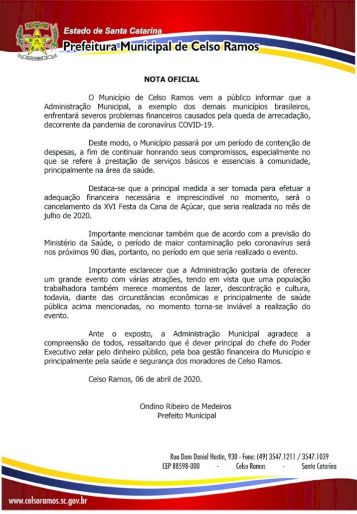 COVID-19: Festa da Cana-de-Açúcar de Celso Ramos foi cancelada