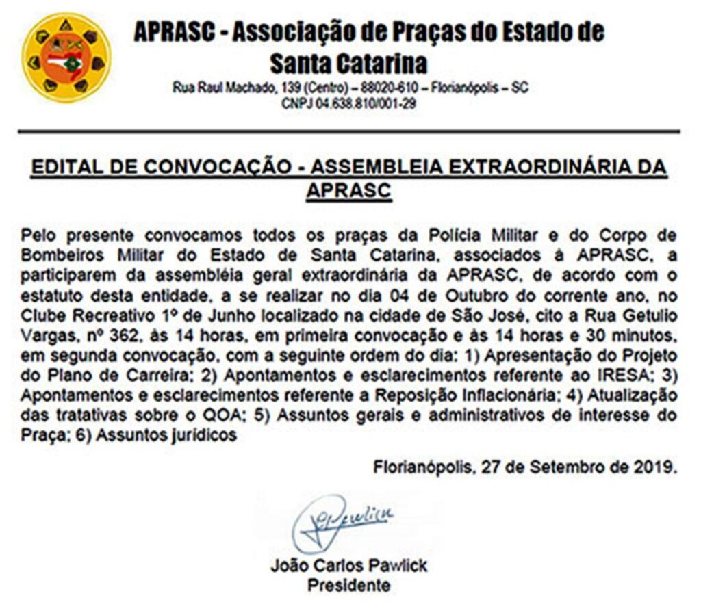 Edital de Convocação - Assembléia Extraordinária da APRASC