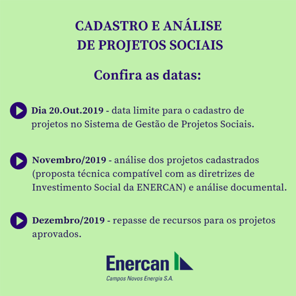 Aberto o prazo para cadastro de projetos de instituições interessadas em obter apoio financeiro da ENERCAN