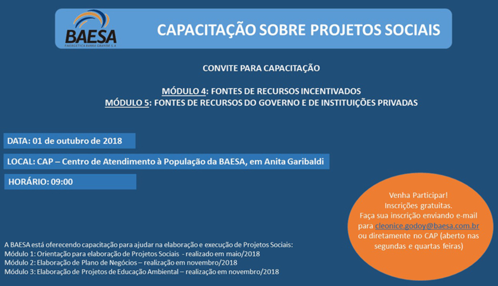 BAESA vai ministrar os  Módulos 4 e 5 da Capacitação sobre Projetos Sociais