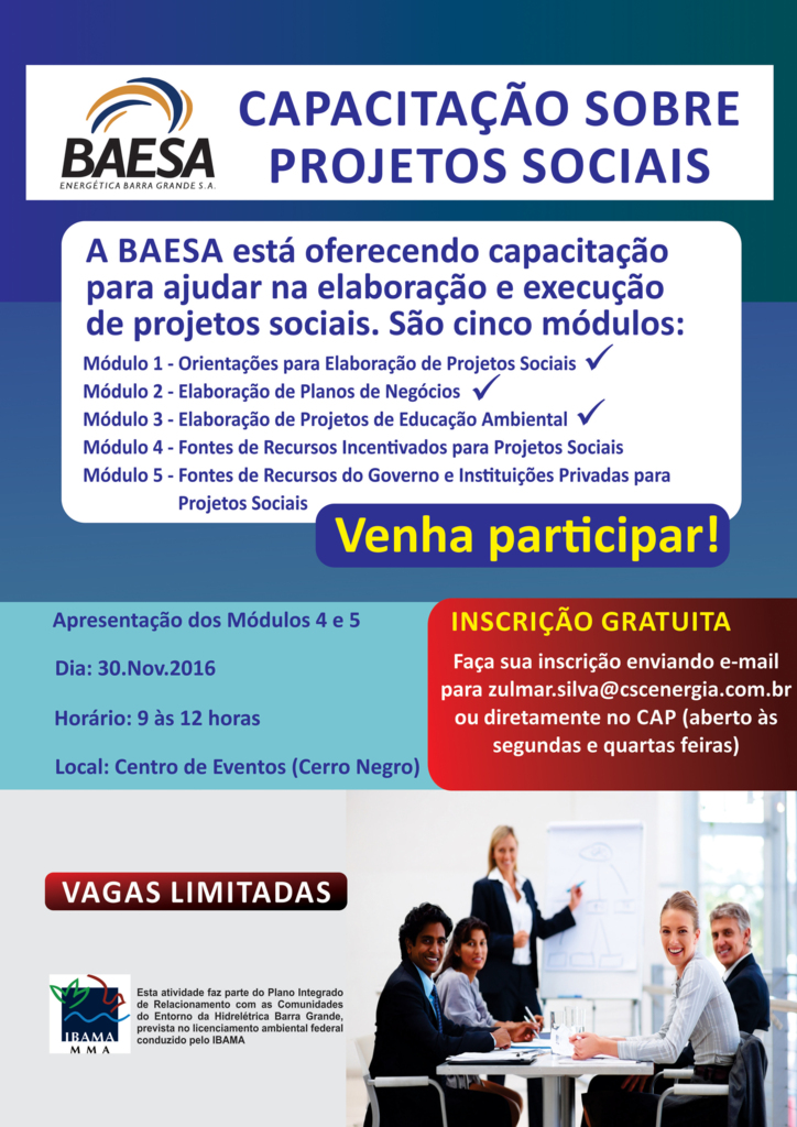 Módulos 4 e 5 serão apresentados na Capacitação sobre Projetos Sociais