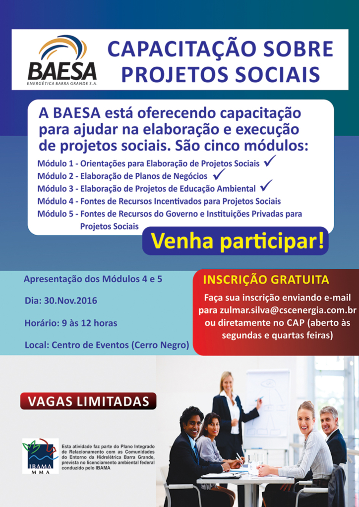 BAESA vai ministrar os Módulos 4 e 5 da Capacitação sobre Projetos Sociais