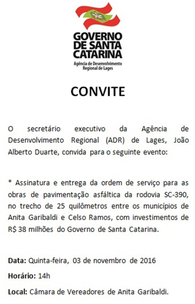 Governo de SC dá ordem de serviço para pavimentação da rodovia entre Anita Garibaldi e Celso Ramos