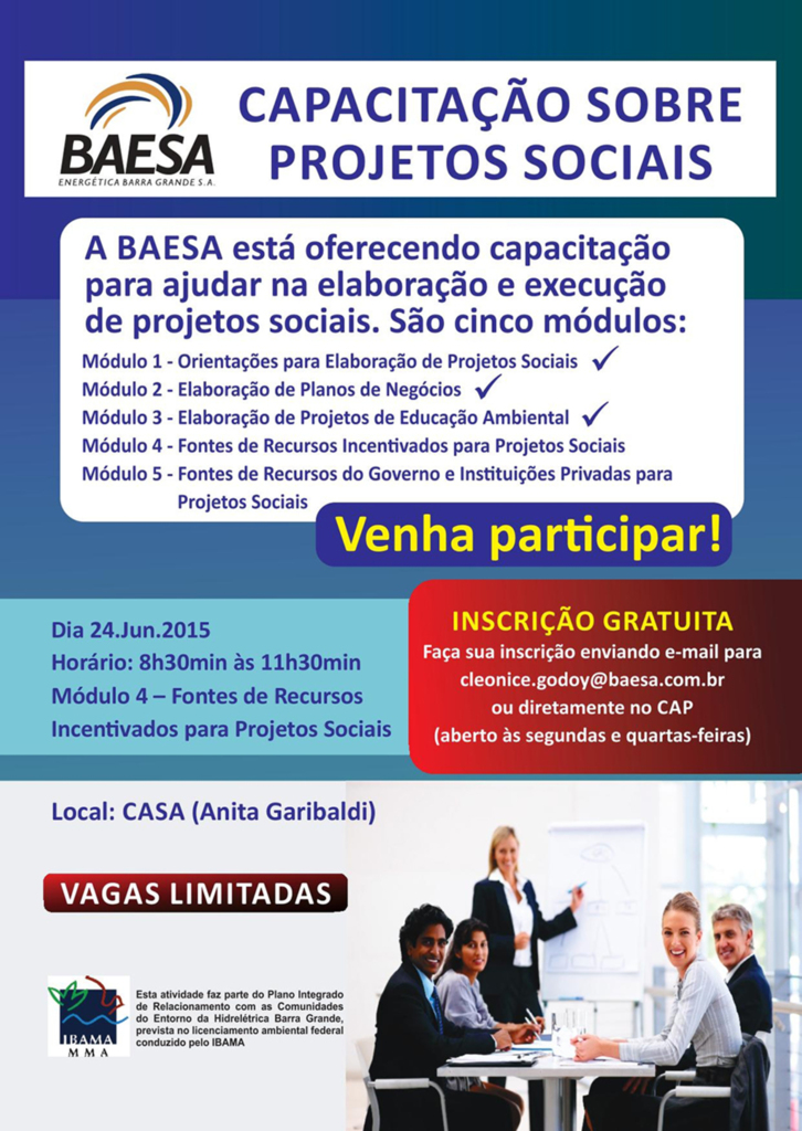 BAESA vai ministrar o Módulo 4 da Capacitação sobre Projetos Sociais