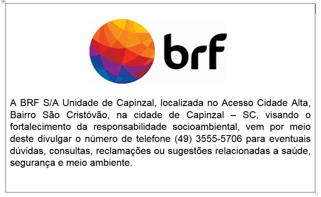 BRF divulga fone para eventuais dúvidas