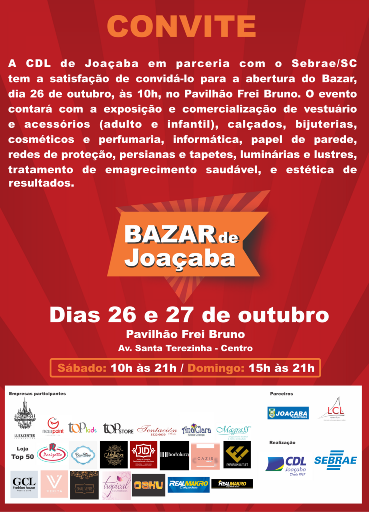 Sebrae e CDL de Joaçaba promovem nos dias 26 e 27 de outubro a 3ª edição do Bazar de Joaçaba