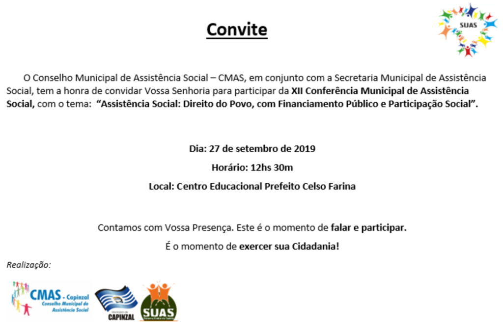 XII Conferência Municipal de Assistência Social de Capinzal ocorre na próxima sexta