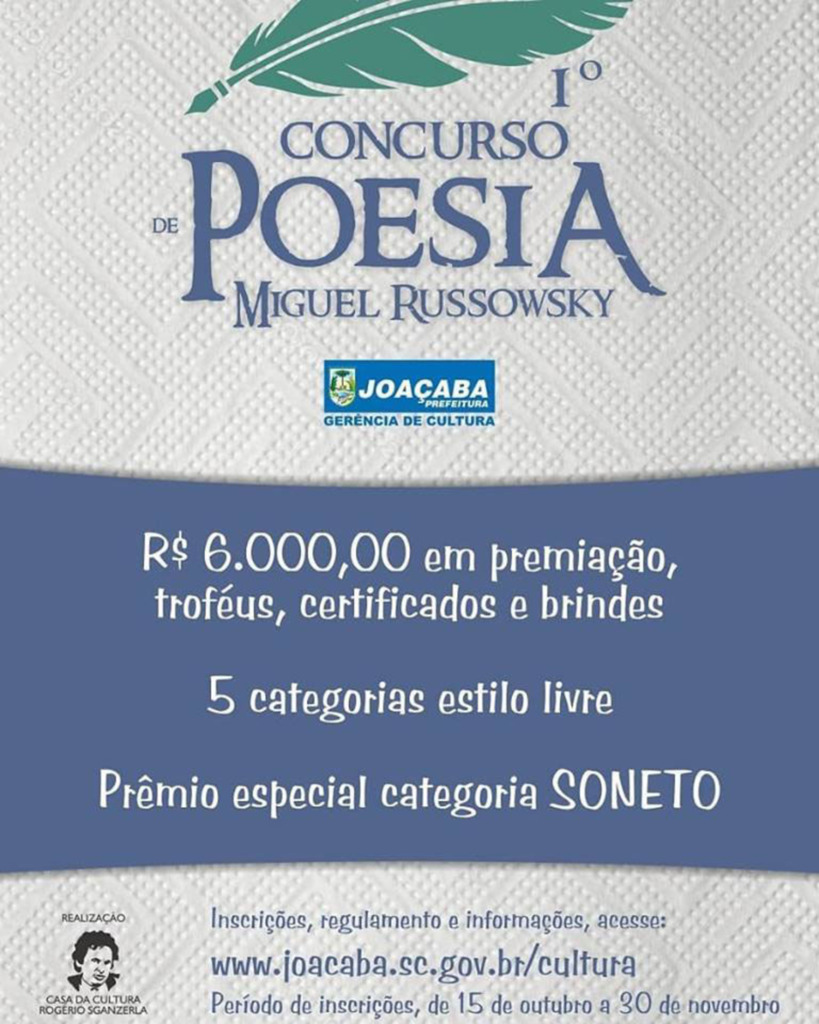 1º Concurso de Poesia Miguel Russowsky está com inscrições abertas