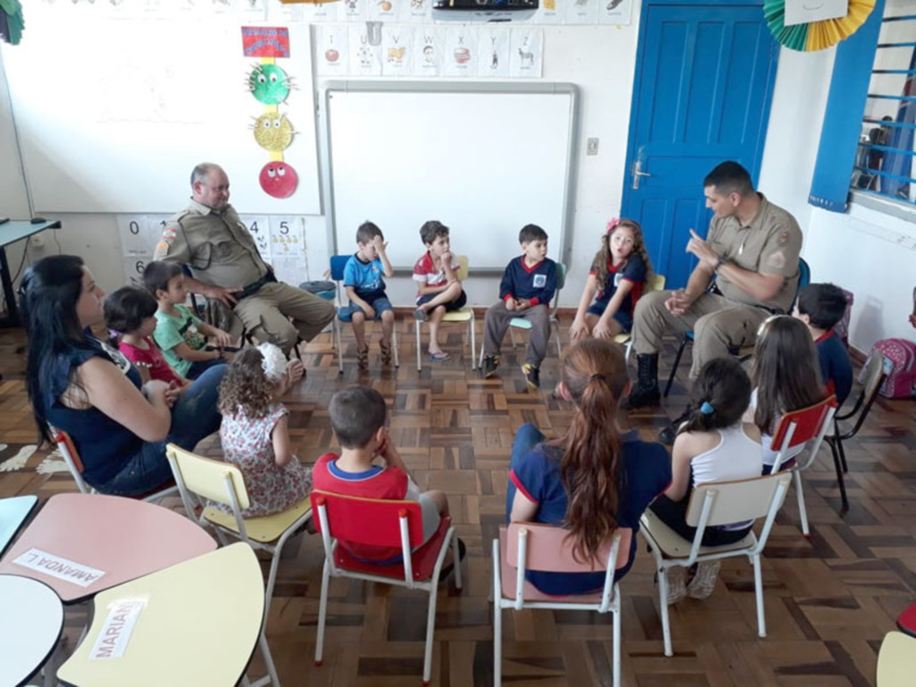  - Alunos do pré-escolar em conversa com policiais militares