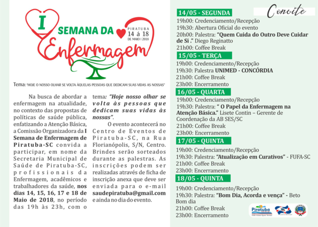 1ª Semana da Enfermagem reunirá profissionais e acadêmicos de várias cidades em Piratuba
