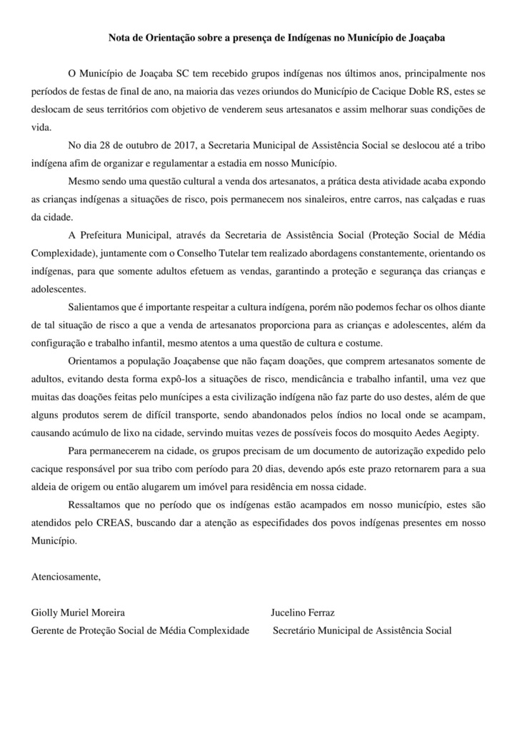 Nota de Orientação sobre a presença de Indígenas no Município de Joaçaba
