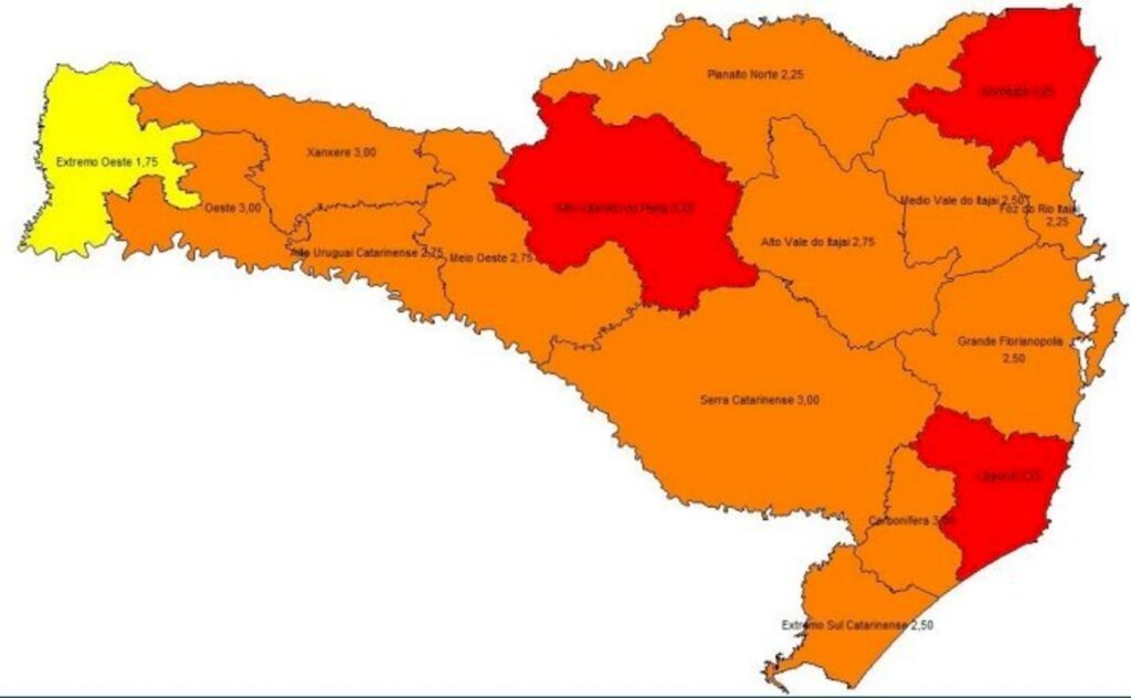 Número de regiões em risco gravíssimo cai para três em SC