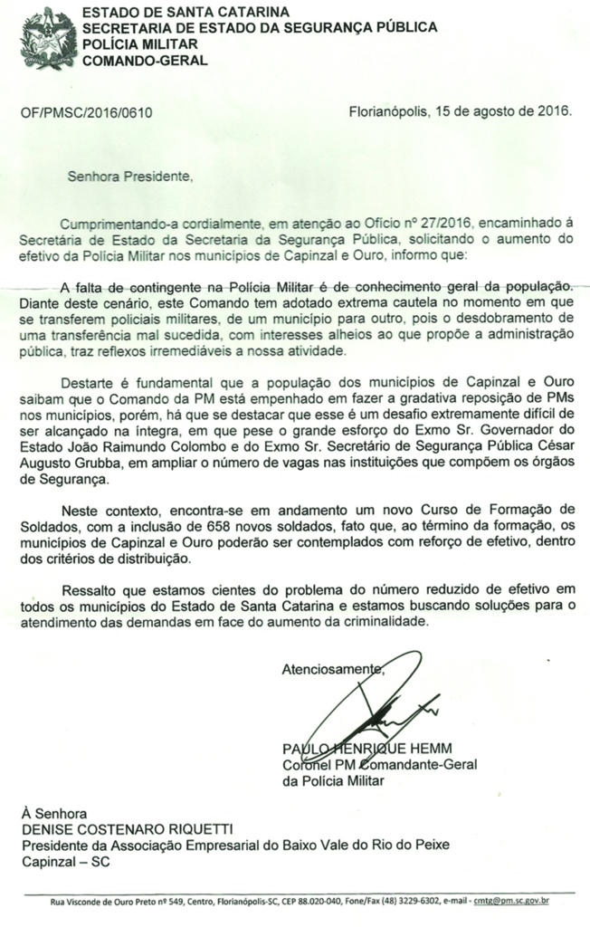  - Oficio enviado a Diretoria da Policia Militar.