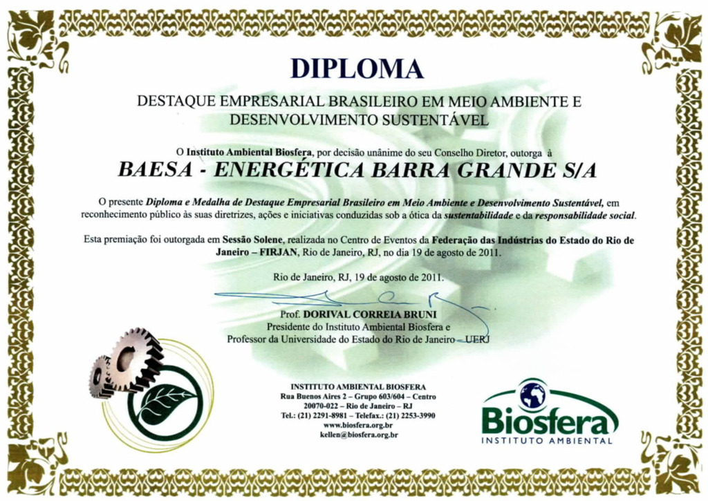 Instituto Ambiental Biosfera homenageia a BAESA