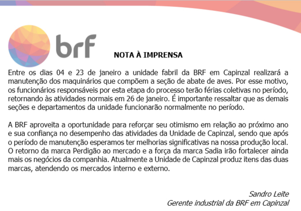  - NOTA À IMPRENSA