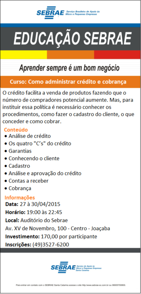 Sebrae abre as inscrições para o curso como Administrar Crédito e Cobrança em Joaçaba