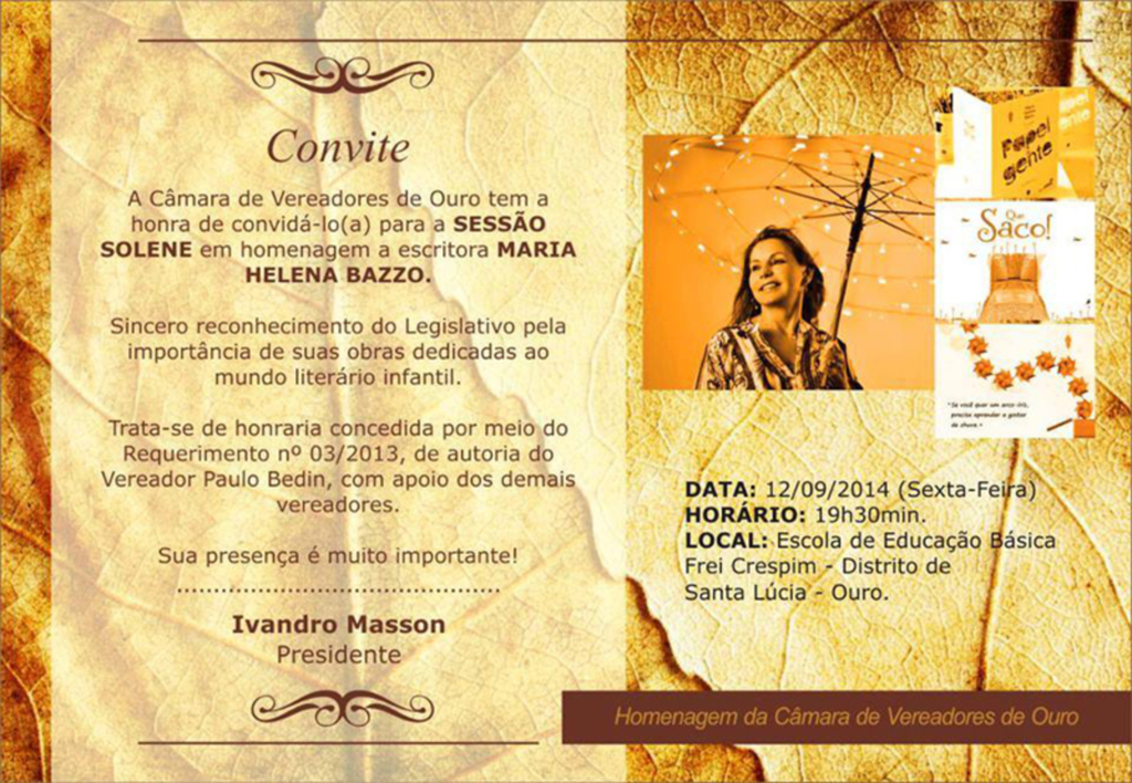 Legislativo Ourense fará sessão solene em homenagem a escritora Maria Helena Bazzo