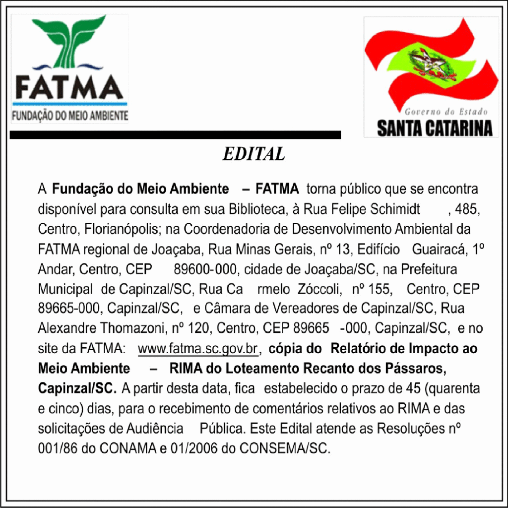 EDITAL - Loteamento Recanto dos Pássaros, Capinzal/SC.