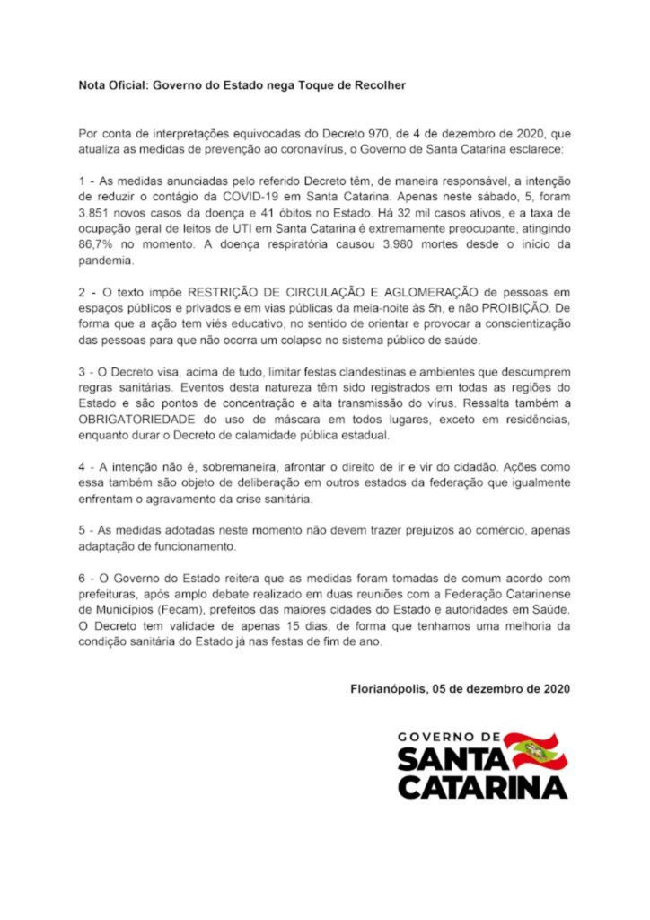 Florianópolis, 05 de dezembro de 2020 - Por conta de interpretações equivocadas do Decreto 970, de 4 de dezembro de 2020, que atualiza as medidas de prevenção ao coronavírus, o Governo de Santa Catarina esclarece: