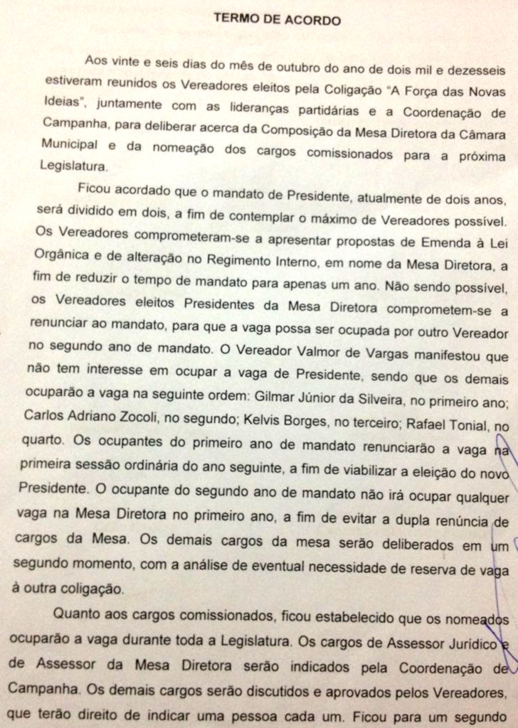 Termo de Acordo Coligação 'A Força das Novas Ideias' Capinzal