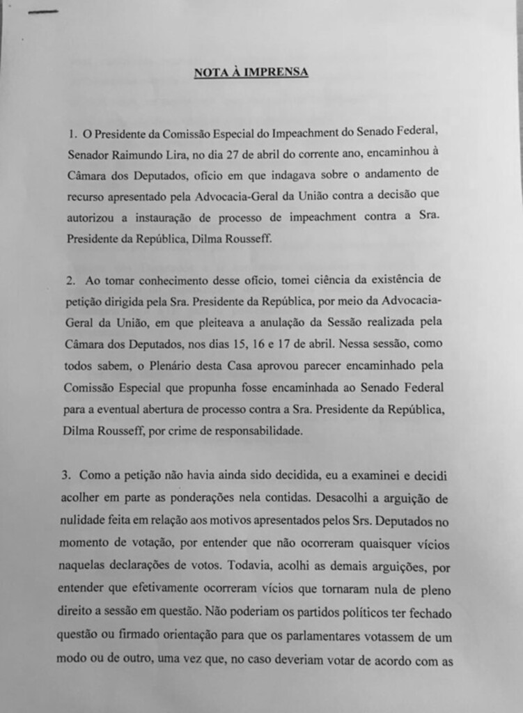 (Foto: Reprodução) - Ato do presidente em exercício da Câmara que anula a votação do processo de impeachment na Câmara