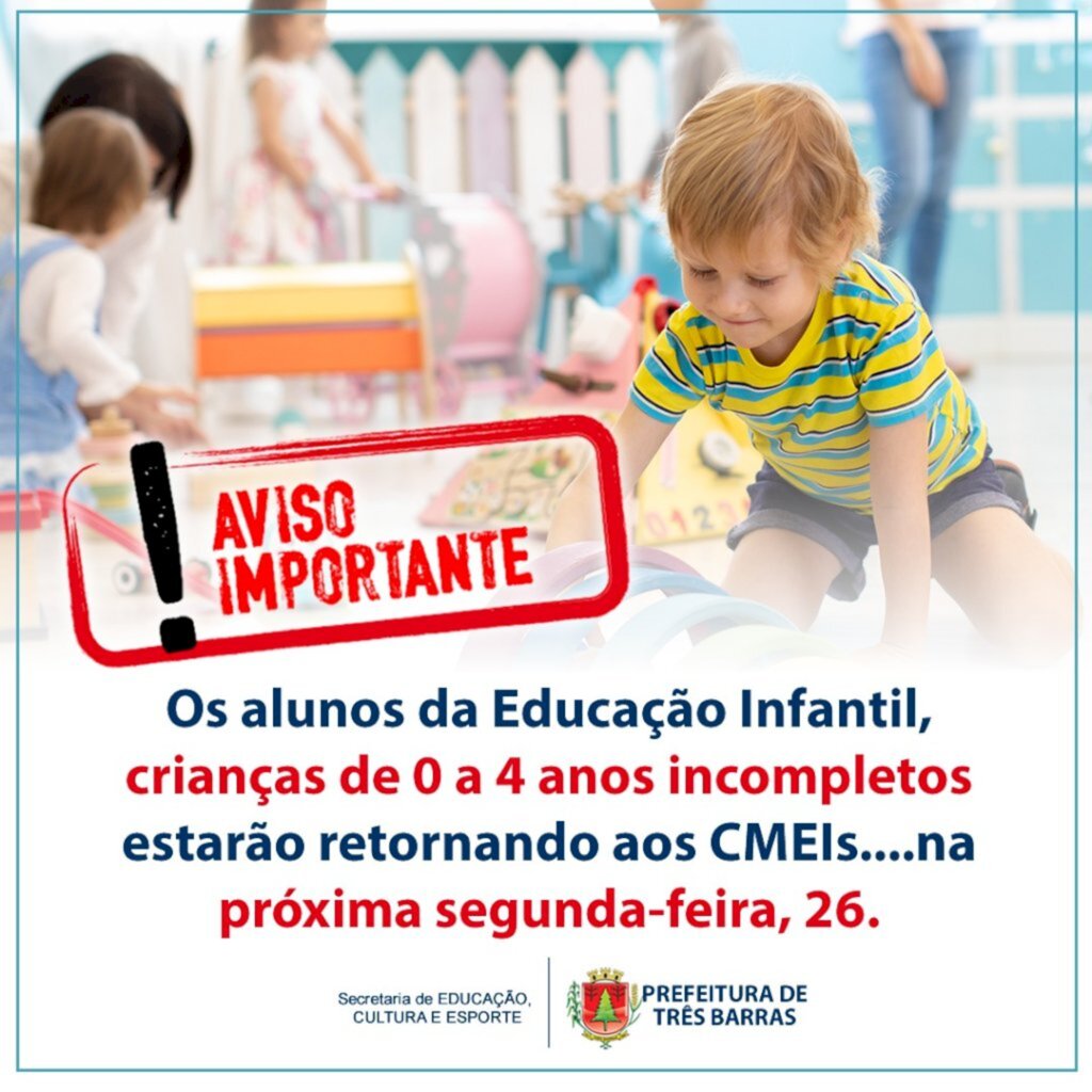 ALUNOS DA EDUCAÇÃO INFANTIL VOLTAM ÀS AULAS PRESENCIAIS NO DIA 26 DE ABRIL