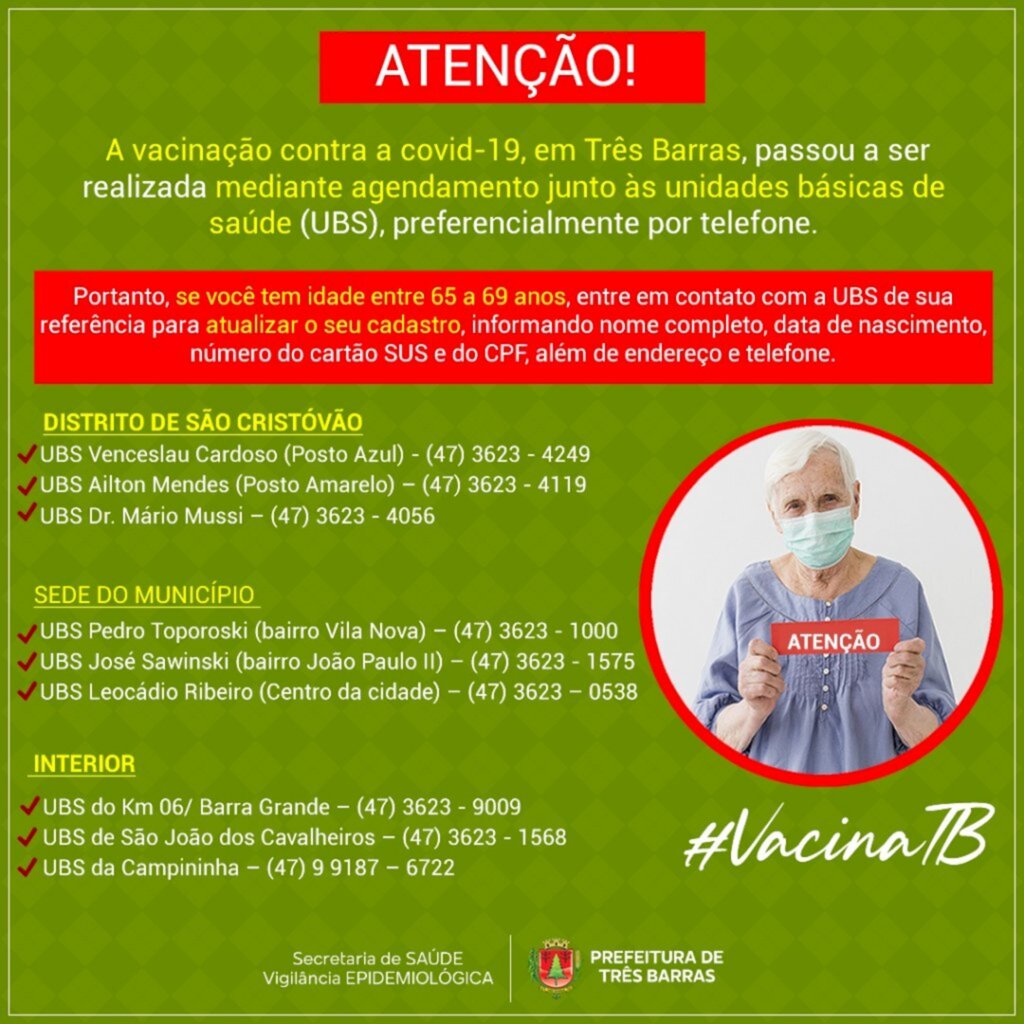 Vacina covid-19: idosos de 65 a 69 anos devem atualizar cadastro junto a UBS de referência