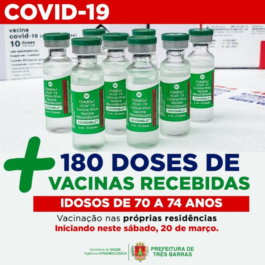 Covid-19: idosos de 70 a 74 anos começam a ser vacinados neste sábado, em Três Barras