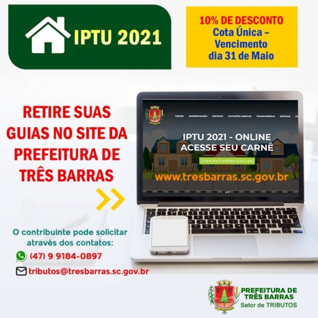 Guias do IPTU de Três Barras podem ser retiradas pelo site da Prefeitura ou solicitadas por Whatsapp e e-mail