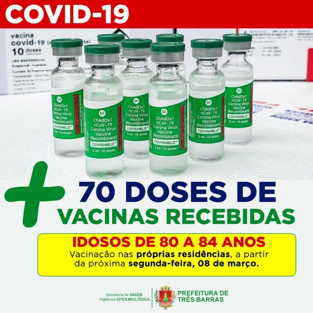 Três Barras recebe 70 novas doses para vacinação de idosos entre 80 e 84 anos