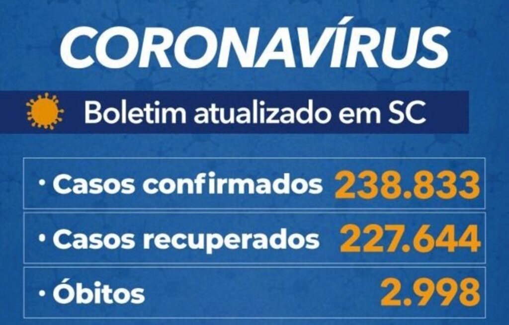 Santa Catarina registra 238,8 mil casos e 2.998 mortes por covid-19