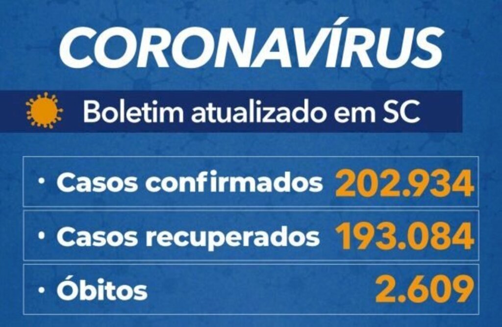 Santa Catarina contabiliza 202,9 mil casos e 2.609 mortes por covid-19