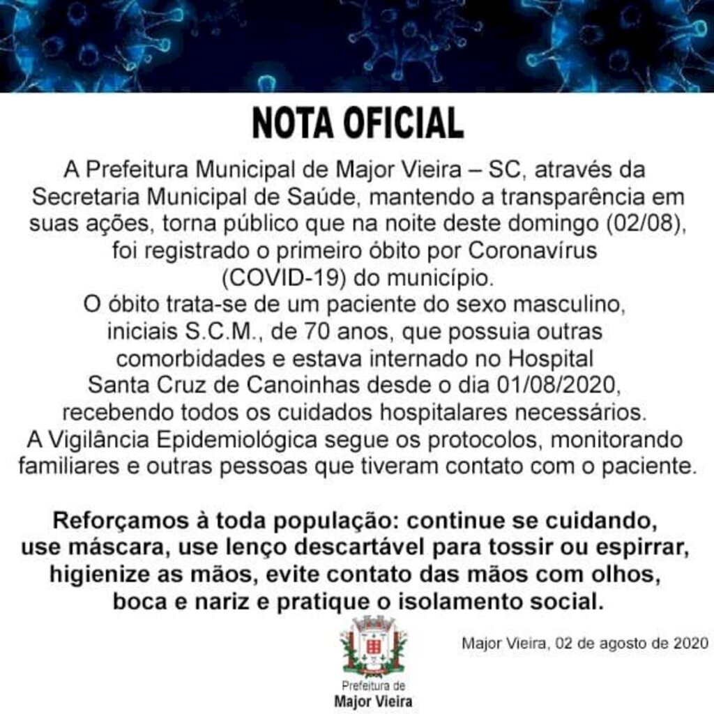 Major Vieira confirma primeira morte causada pela covid-19