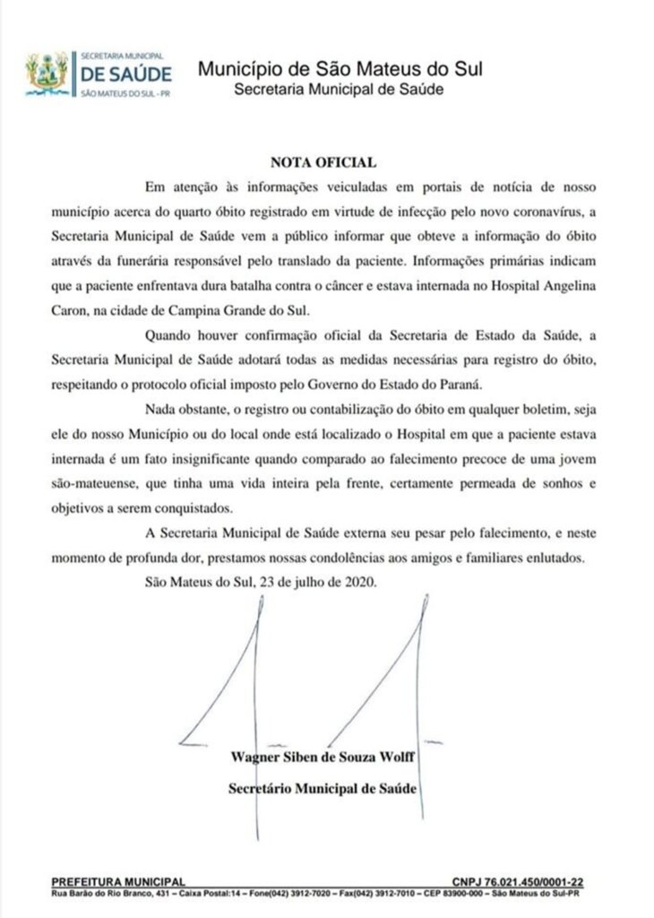 São Mateus do Sul divulga nota sobre 4.º óbito de paciente por covid-19