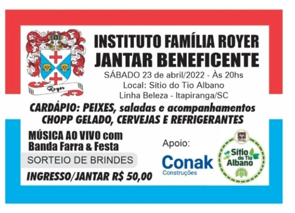 Instituto Família Royer promove jantar no sábado