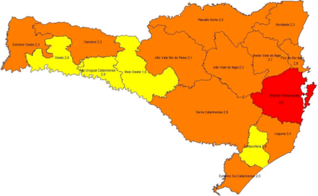 SC tem uma região em risco gravíssimo e 11 em risco grave