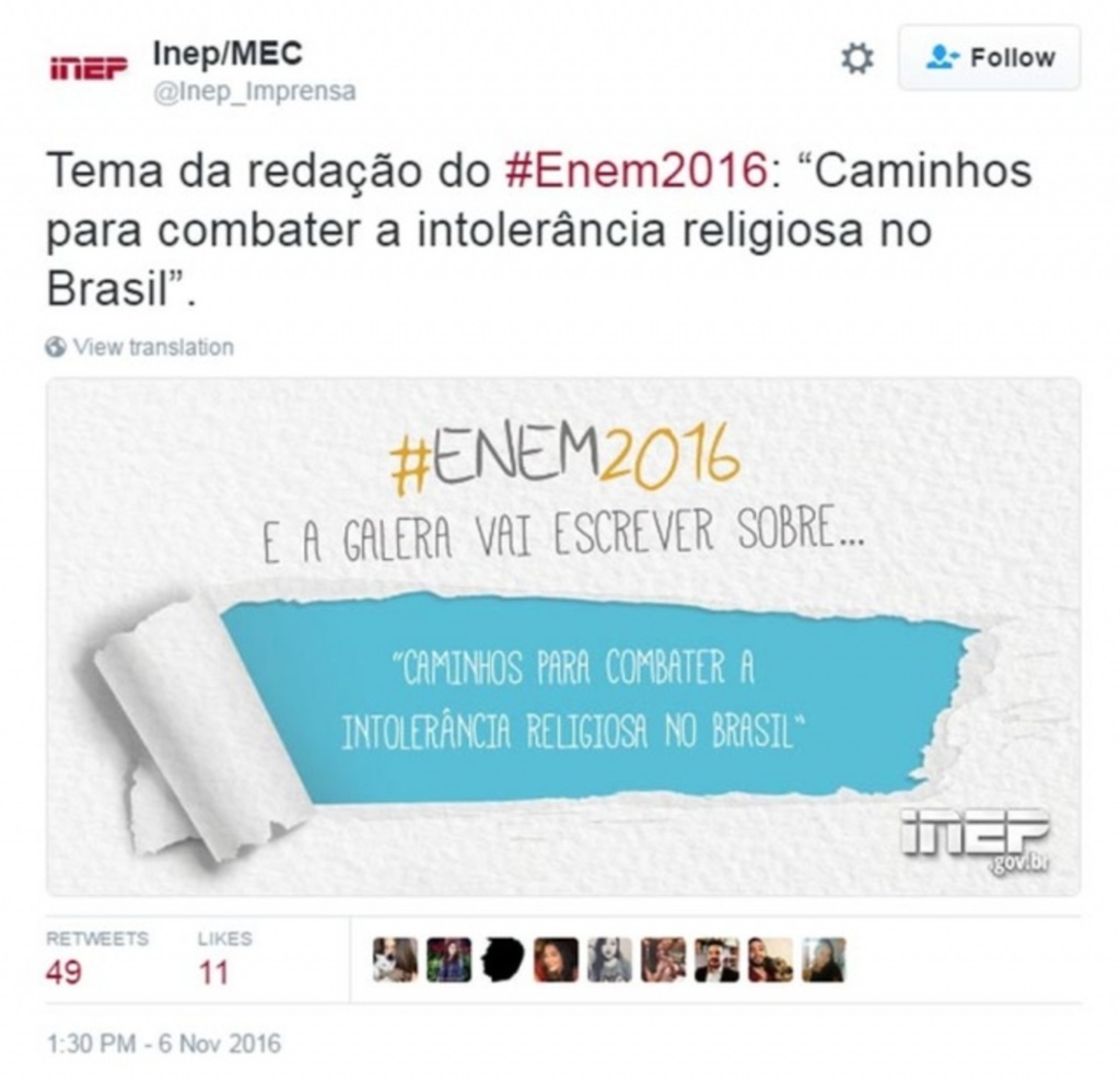 Redação do Enem 2016 fala sobre intolerância religiosa no Brasil