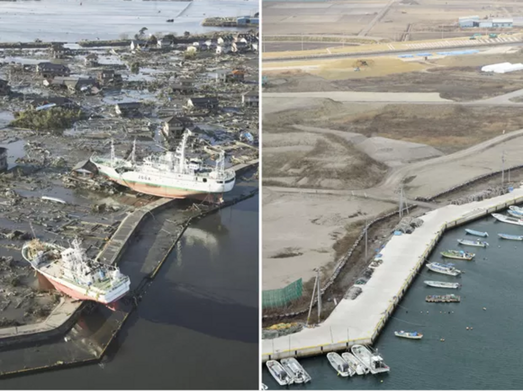 Kyodo/Reuters - A cidade de Higashimatsushima arrasada pelo tsunami em foto tirada em 12 de março de 2011 (esquerda); ao lado, foto do mesmo lugar tirada em 3 de março de 2016