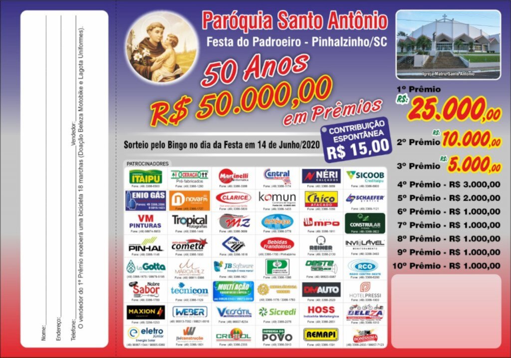 Paróquia Santo Antônio sorteia R$ 50 mil em prêmios