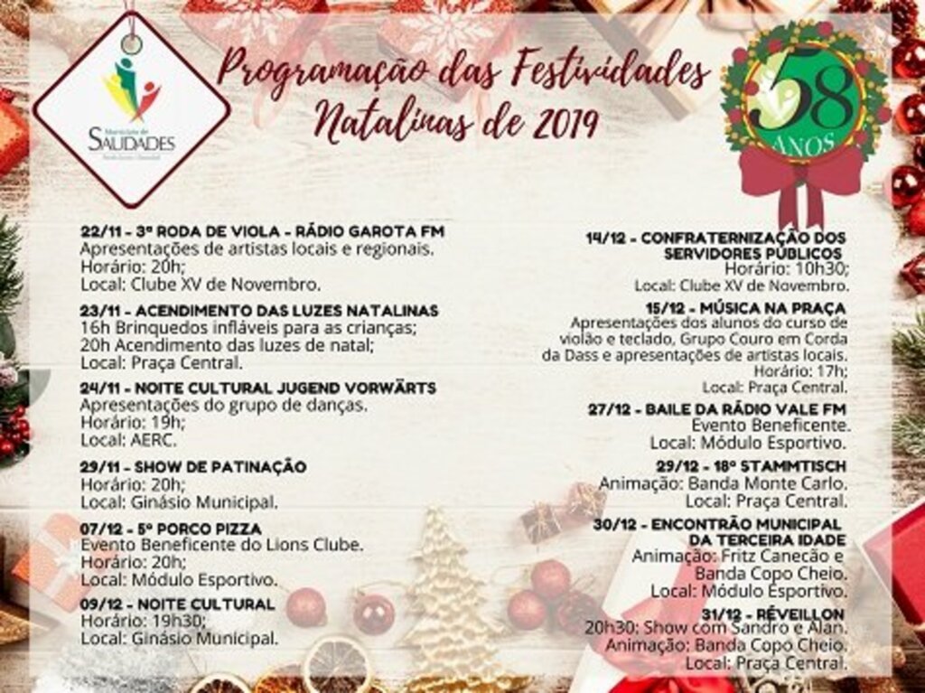 Saudades: programação de fim de ano e aniversário do município é divulgada