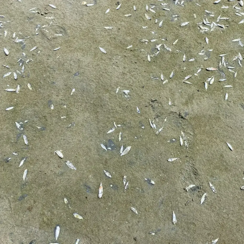  - Peixes mortos na areia alargada da Barra Sul na Praia Central de Balneário Camboriú na manhã desta quinta-feira (5) — Foto: Felipe Salles/NSC TV