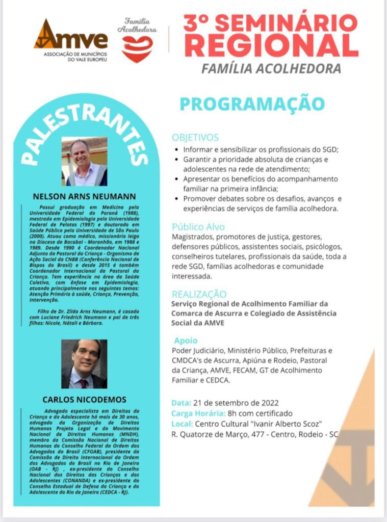 RODEIO SERÁ SEDE DO 3º SEMINÁRIO REGIONAL DE FAMÍLIA ACOLHEDORA