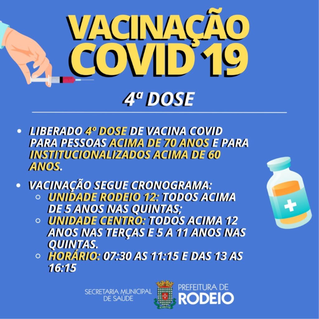 LIBERADA A 4ª DOSE PARA PESSOAS ACIMA DE 70 ANOS E INSTITUCIONALIZADOS ACIMA DE 60 ANOS
