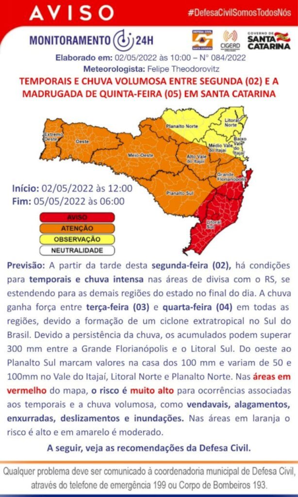 TEMPORAIS E CHUVA VOLUMOSA ENTRE SEGUNDA (02) E A MADRUGADA DE QUINTA-FEIRA (05) EM SANTA CATARINA